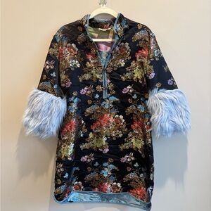 Floral Satin Tunic Dress with Faux Fur Cuffs - Black/Multi